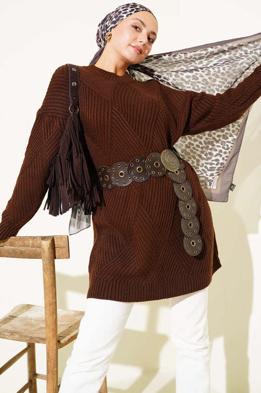 Striped Diamond Pattern Knitwear Tunic Brown