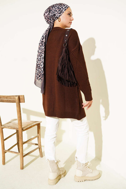 Çizgi Baklava Desen Triko Tunik Kahve