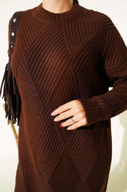 Striped Diamond Pattern Knitwear Tunic Brown