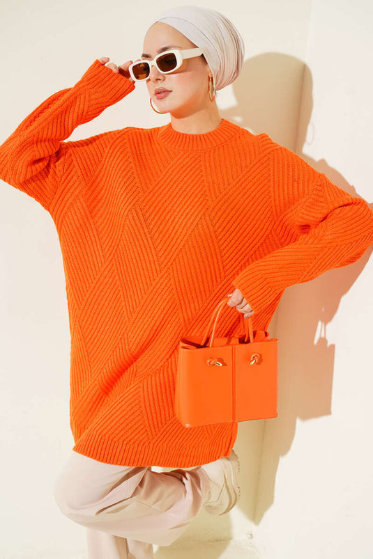Linien Baklava Muster Strick Tunika Orange