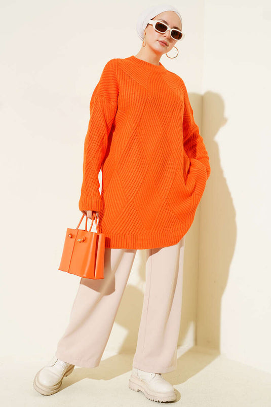 Tunica lavorata a maglia con motivo a losanghe arancione