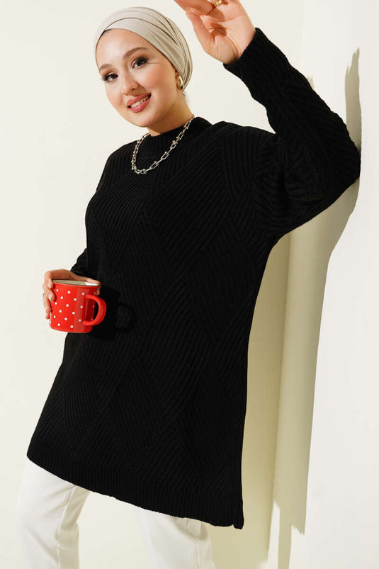 Çizgi Baklava Desen Triko Tunik Siyah