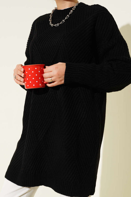 Çizgi Baklava Desen Triko Tunik Siyah