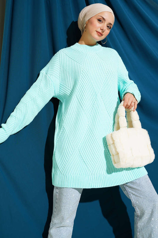 Çizgi Baklava Desen Triko Tunik Su Yeşili