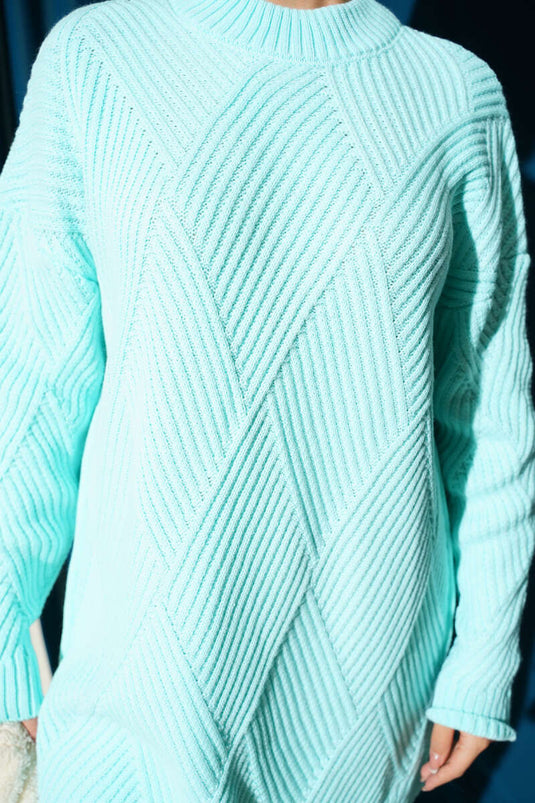 Çizgi Baklava Desen Triko Tunik Su Yeşili