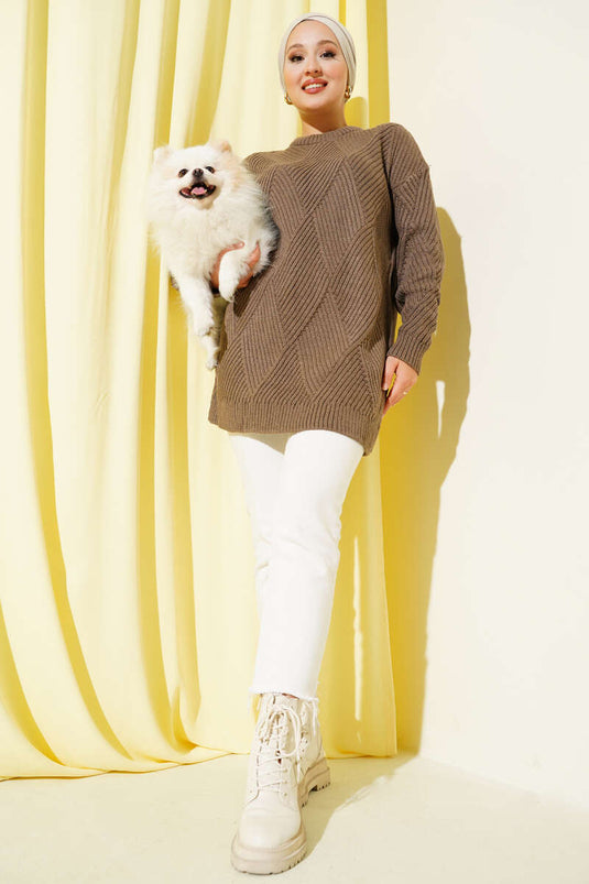 Çizgi Baklava Desen Triko Tunik Vizon