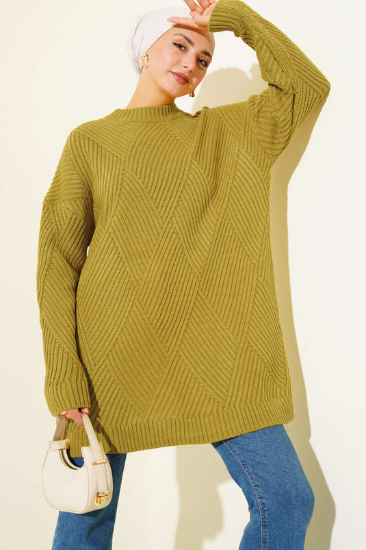 Striped Baklava Pattern Knit Tunic In Olive Green