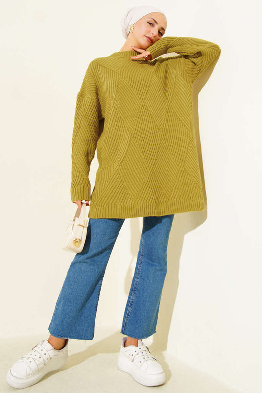 Striped Baklava Pattern Knit Tunic In Olive Green