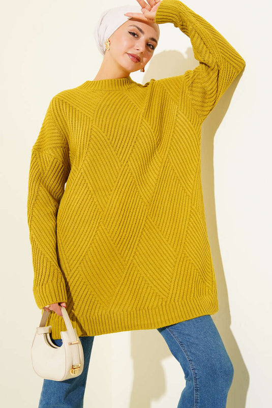 Çizgi Baklava Desen Triko Tunik Yağ Yeşili