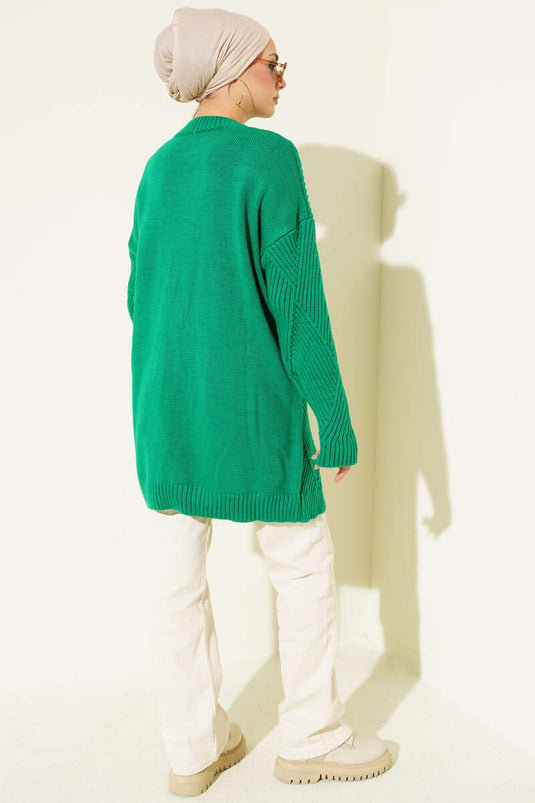 Çizgi Baklava Desen Triko Tunik Zümrüt