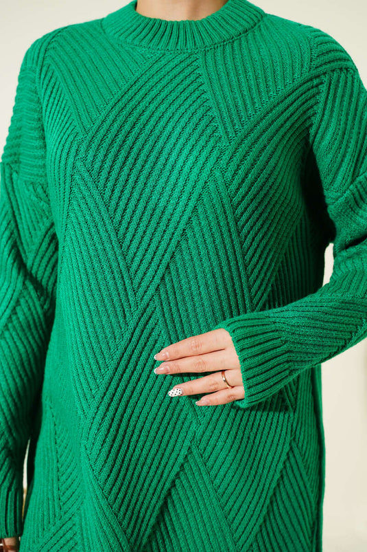 Çizgi Baklava Desen Triko Tunik Zümrüt