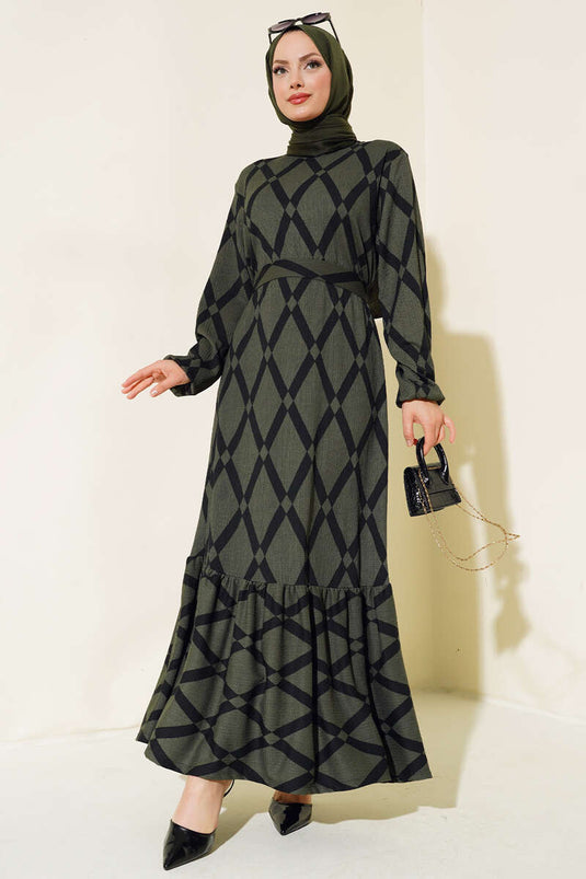 Striped Pattern Belted Ruffled Dress Green