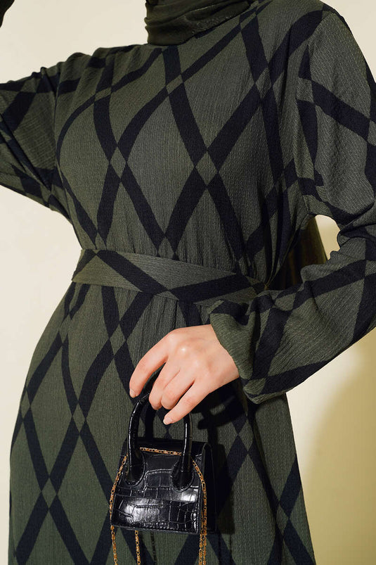 Striped Pattern Belted Ruffled Dress Green