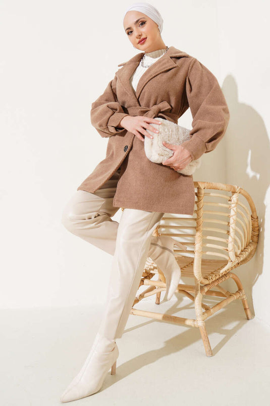 Striped Pattern Belted Wool Coat Latte