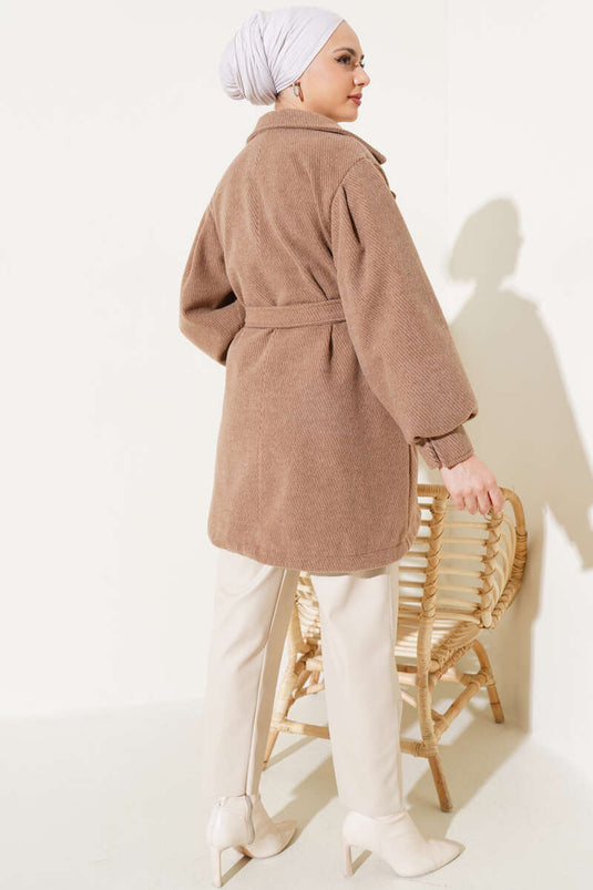 Striped Pattern Belted Wool Coat Latte