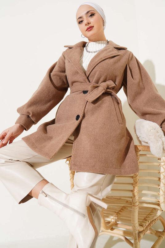 Striped Pattern Belted Wool Coat Latte
