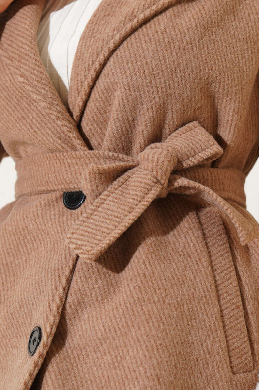 Striped Pattern Belted Wool Coat Latte
