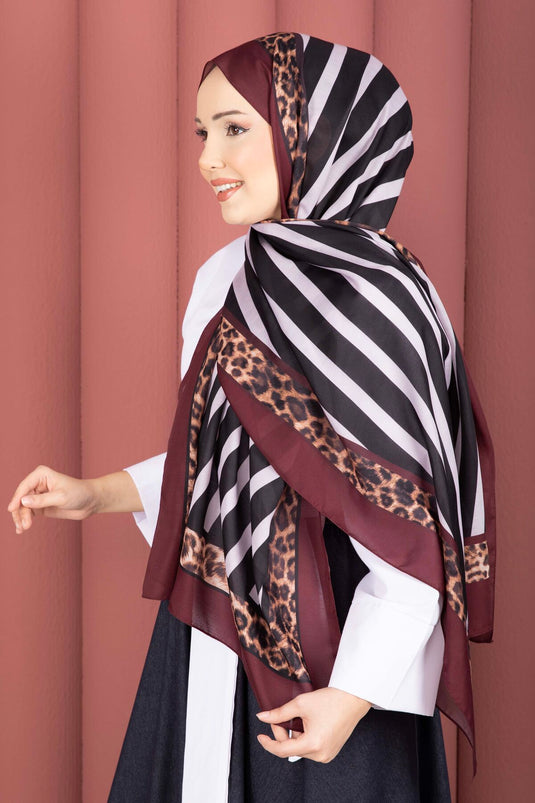Striped Pattern Leopard Scarf Series Burgundy