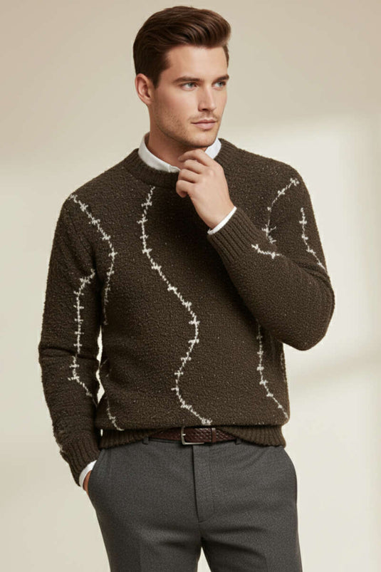 Çizgi Desen Örgü Triko Erkek Kazak Kahve