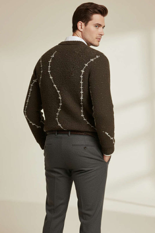 Çizgi Desen Örgü Triko Erkek Kazak Kahve