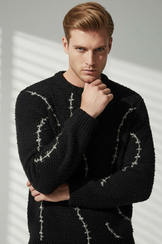 Çizgi Desen Örgü Triko Erkek Kazak Siyah