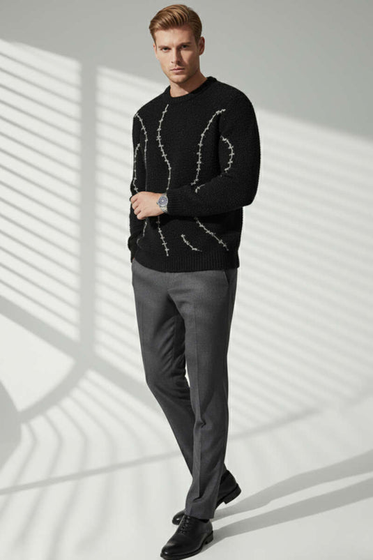 Çizgi Desen Örgü Triko Erkek Kazak Siyah