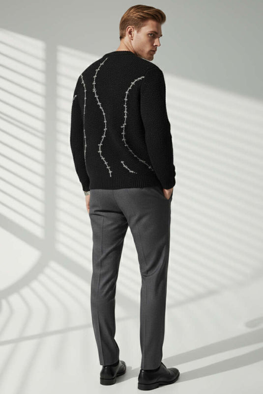 Çizgi Desen Örgü Triko Erkek Kazak Siyah