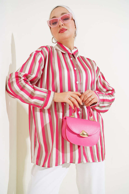 Fuchsia Satin Shirt with Stripe Pattern