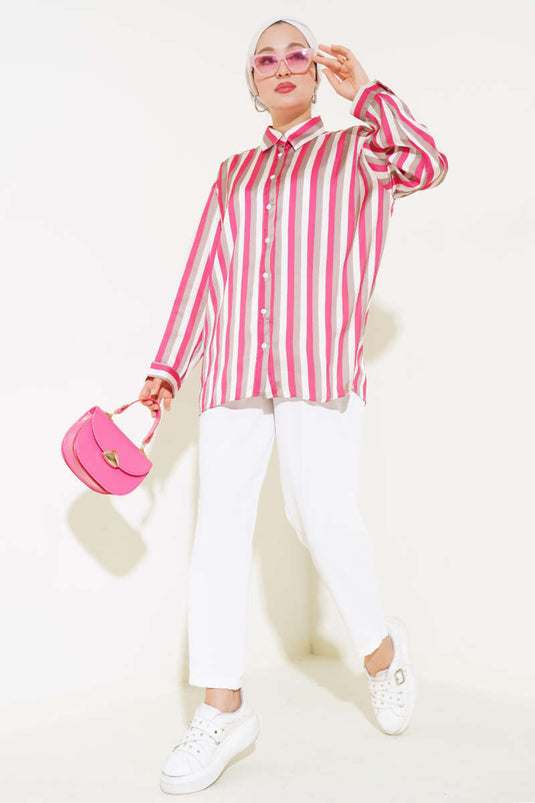 Fuchsia Satin Shirt with Stripe Pattern