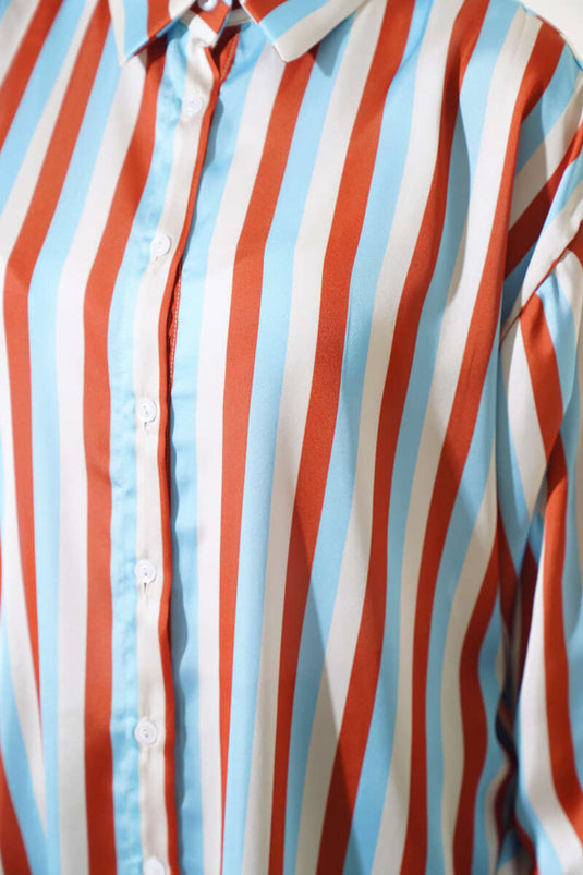 Striped Pattern Satin Shirt Blue