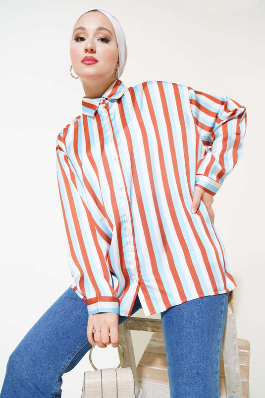Striped Pattern Satin Shirt Blue