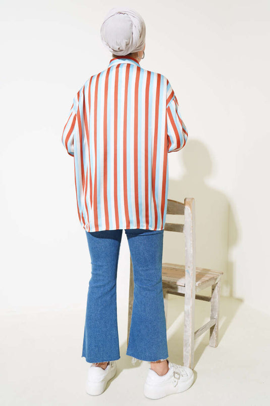 Striped Pattern Satin Shirt Blue