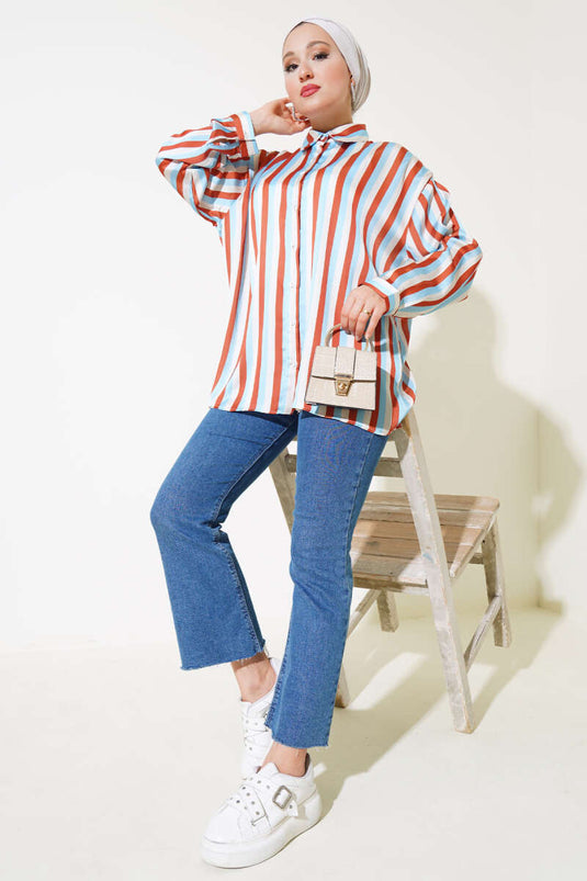 Striped Pattern Satin Shirt Blue