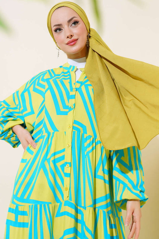 Gestreept patroon vleermuismouwen jurk olie groen