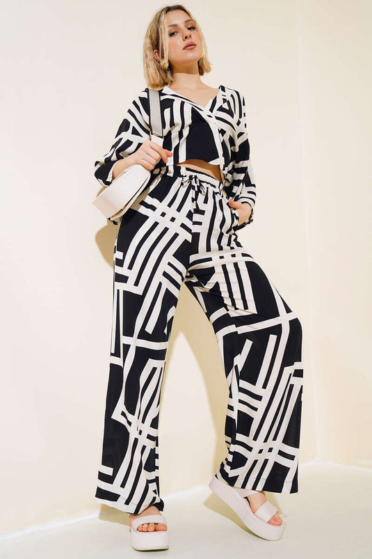 Çizgi Desenli İkili Takım Siyah