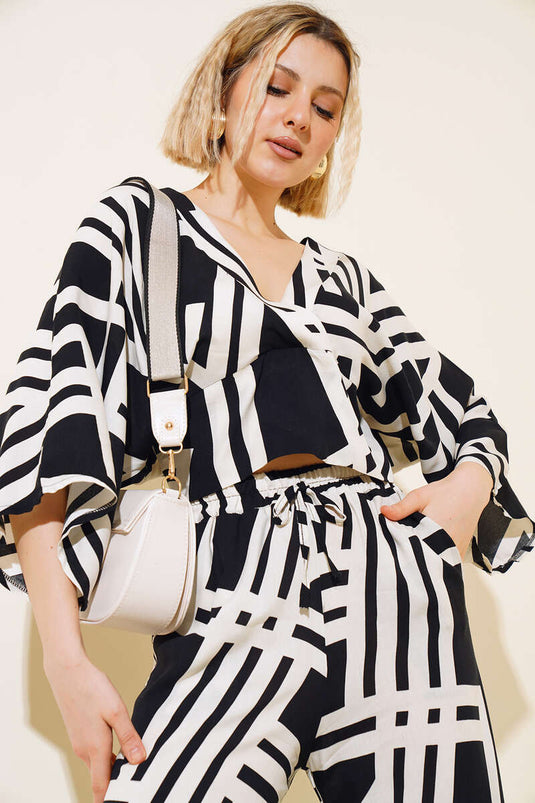 Çizgi Desenli İkili Takım Siyah