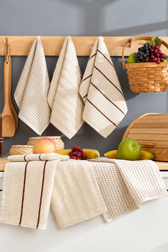 6er Set Küchenhandtuch Mit Streifen In Beige