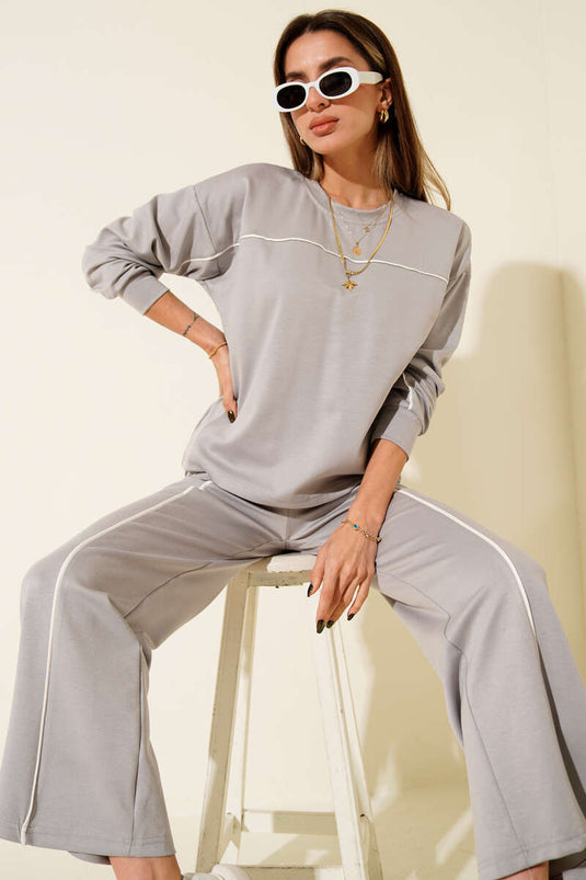 Striped Detail Crew Neck Two-Piece Set Grey