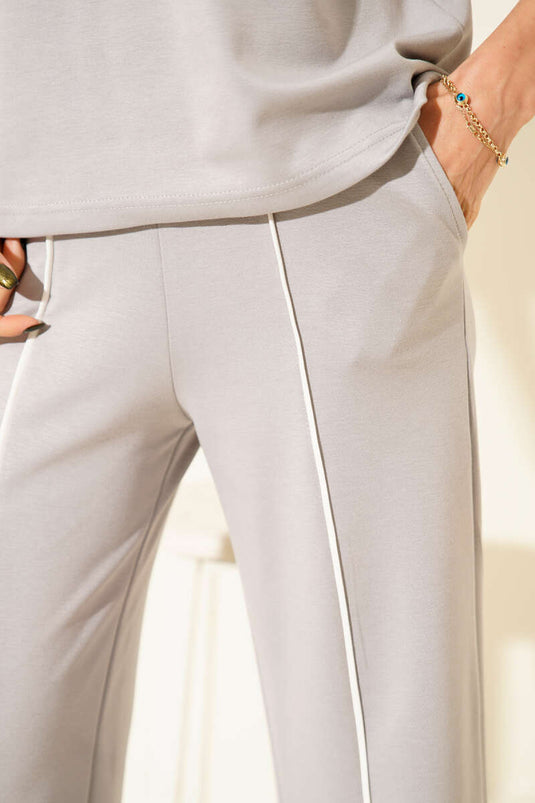 Striped Detail Crew Neck Two-Piece Set Grey