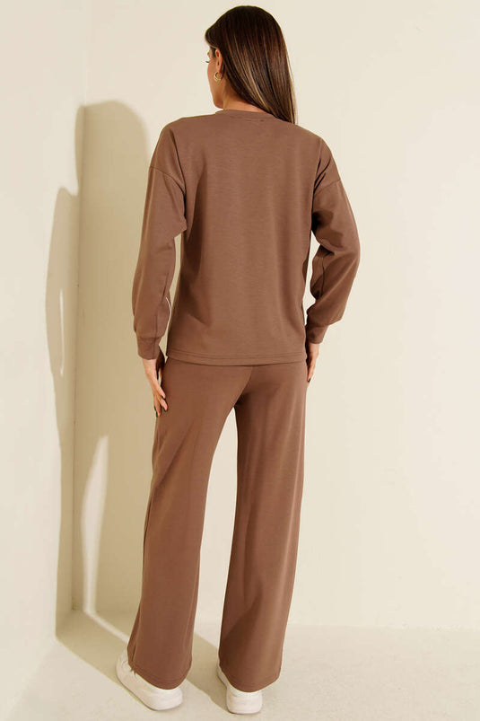 Striped Detail Crew Neck Two-Piece Set in Coffee