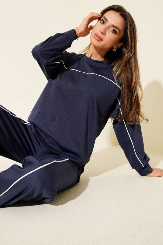 Striped Detail Crew Neck Two-Piece Set Navy Blue