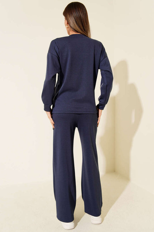 Striped Detail Crew Neck Two-Piece Set Navy Blue