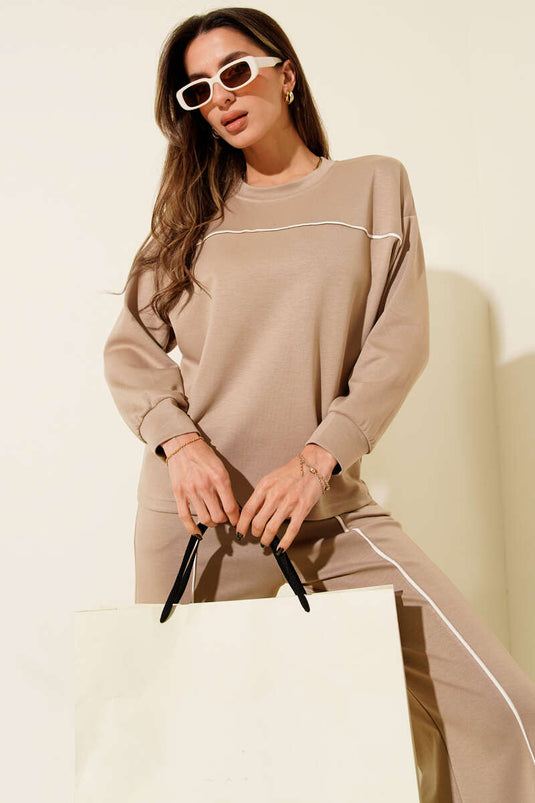 Striped Detail Crew Neck Two-Piece Set Latte