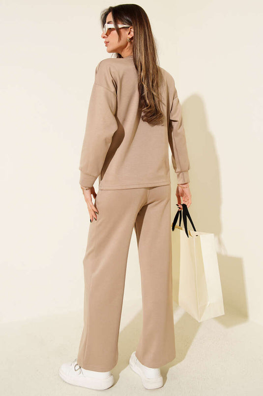 Striped Detail Crew Neck Two-Piece Set Latte