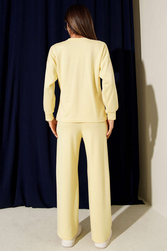 Striped Detail Crew Neck Two-Piece Set Yellow