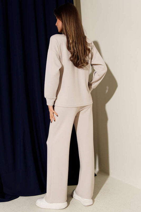 Striped Detail Crew Neck Two-Piece Set Stone