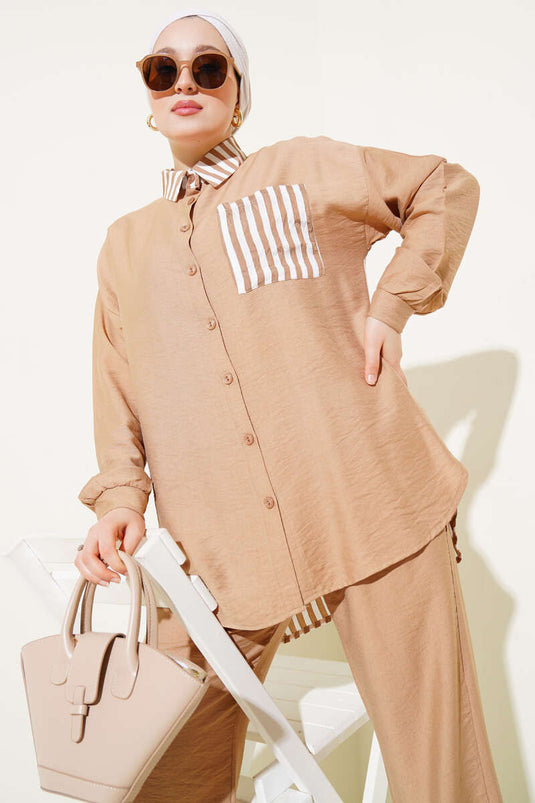 Striped Detailed Pocket Shirt Two-Piece Set Latte