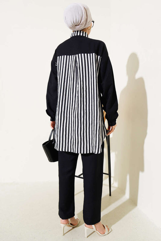 Striped Detailed Pocket Shirt Two-Piece Set Black