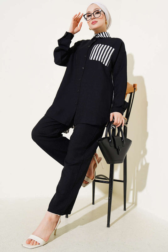 Ensemble deux pièces chemise rayée à poches détaillées noir