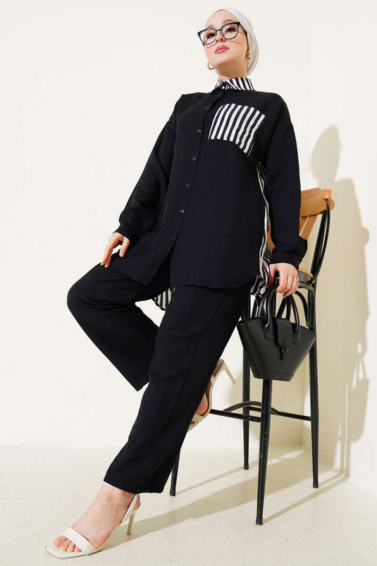 Striped Detailed Pocket Shirt Two-Piece Set Black